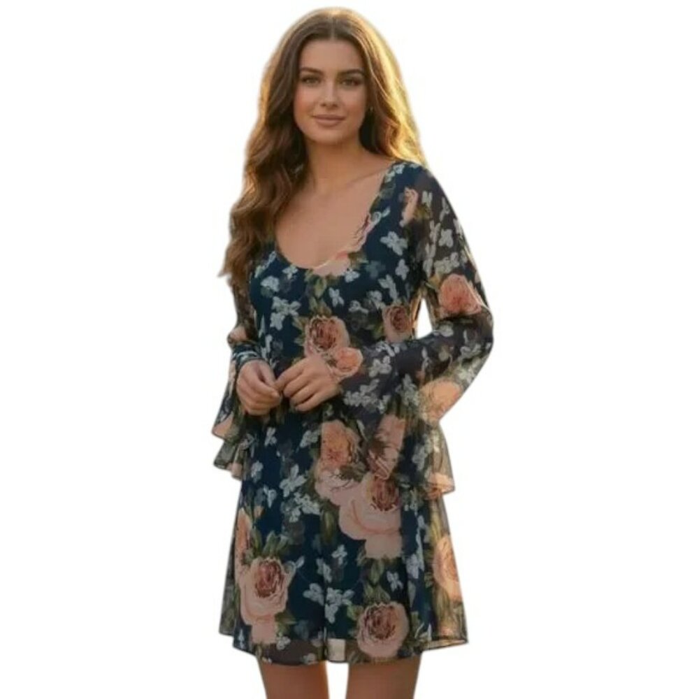 Show Me Your Mumu Boomerang Open Low Back Floral Ruffle Bell Sleeve Dress XS